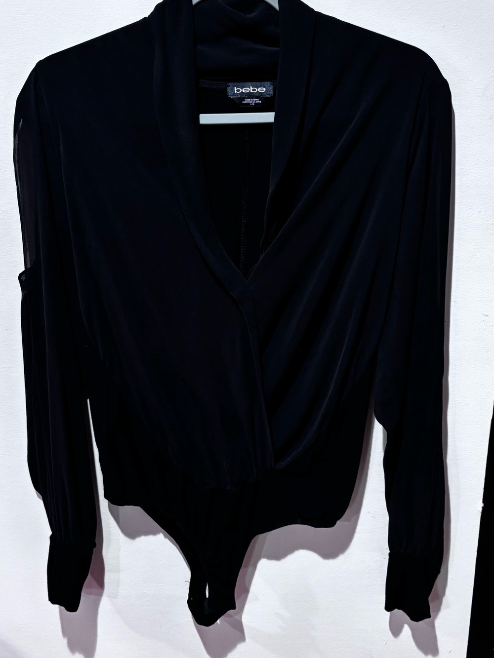 bebe Black Draped V-Neck Long Sleeve Bodysuit - Sleek Wrap Style